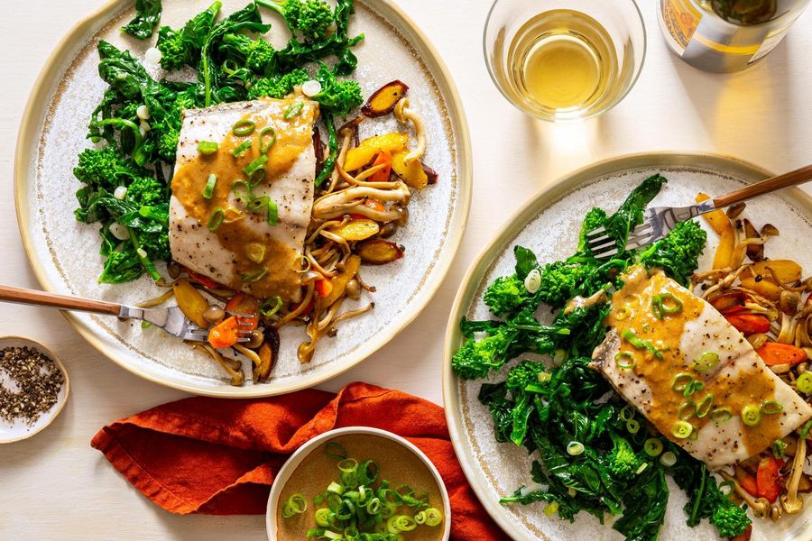Roasted barramundi and carrots with broccoli rabe and citrus bagna cauda