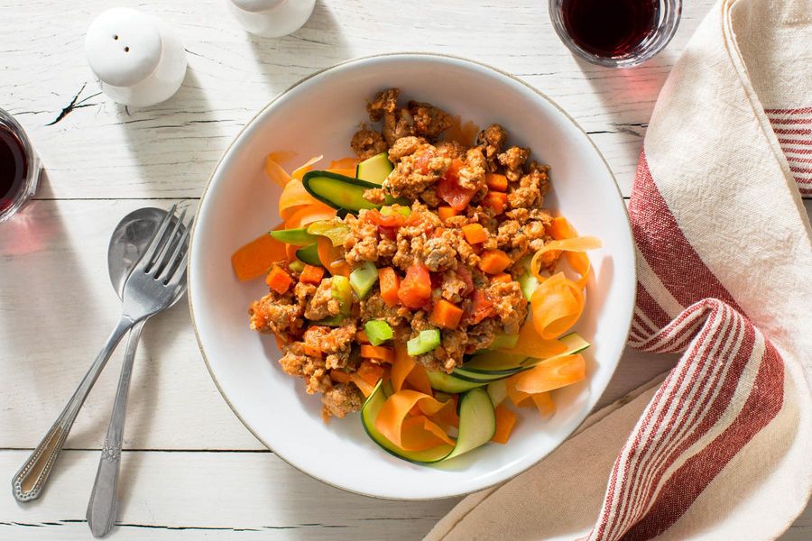 Turkey Bolognese over zucchini and carrot ribbons