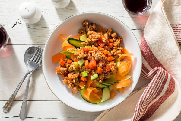 Turkey Bolognese over zucchini and carrot ribbons