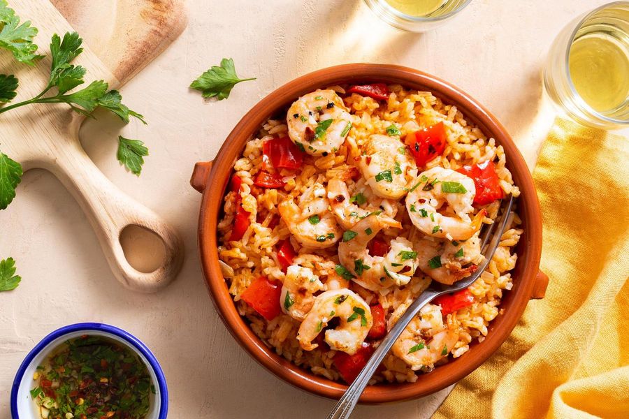 Mediterranean garlic shrimp with Spanish rice