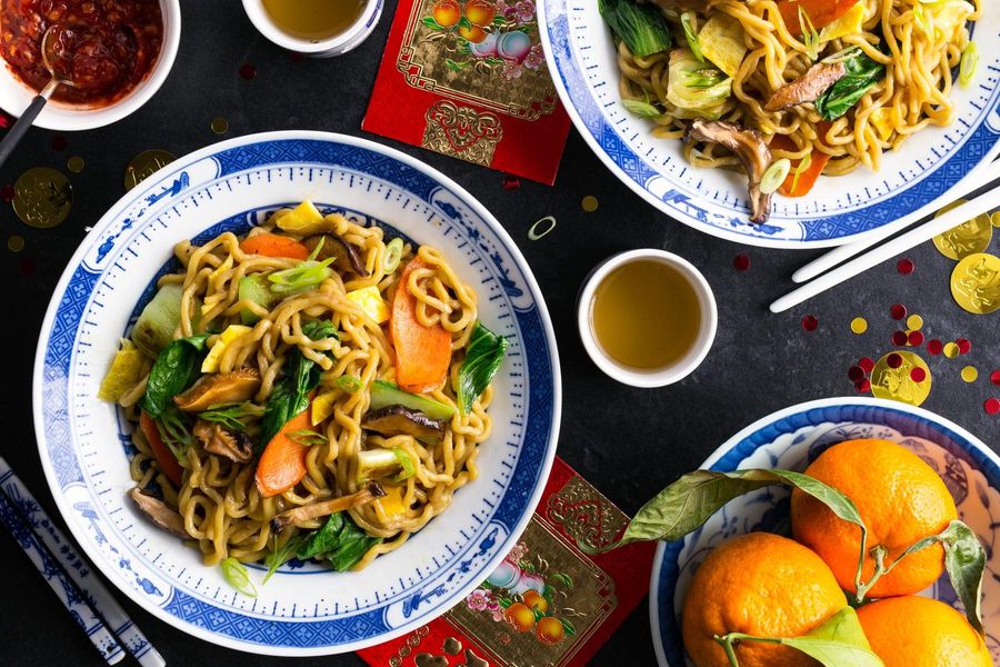 Chinese long-life noodles with stir-fried vegetables