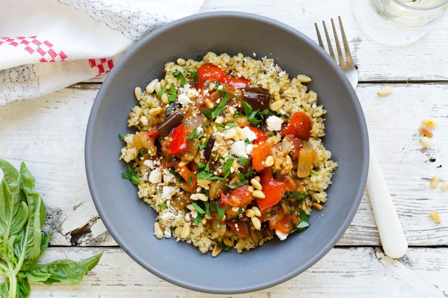 Ratatouille with freekeh and ricotta salata