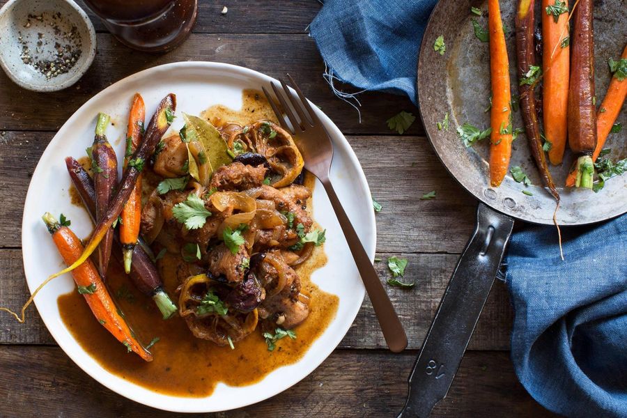 Moroccan braised chicken with pan-roasted carrots