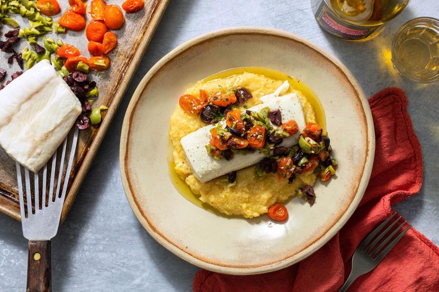 Roasted halibut and tomato-olive tapenade over lemony polenta