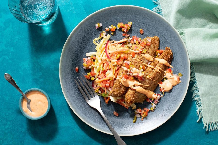 Fish po' boy bowl with tomato relish and chipotle mayo