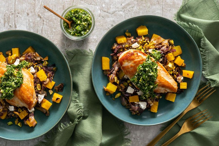 Chicken with gremolata and orange-glazed beet and radicchio salad