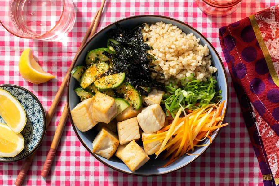 Hawaiian poke bowls with wild albacore tuna, brown rice, and nori