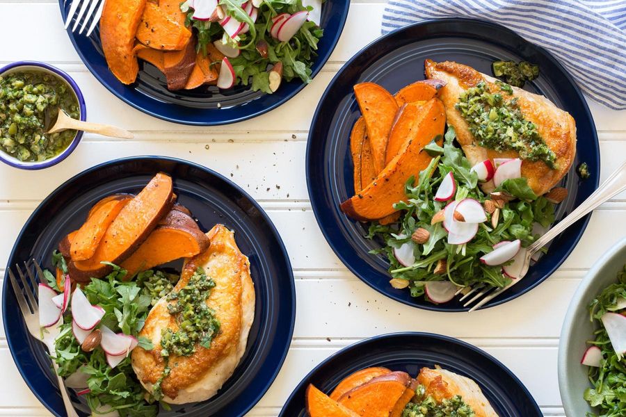 Chicken breasts with salsa verde and sweet potato fries