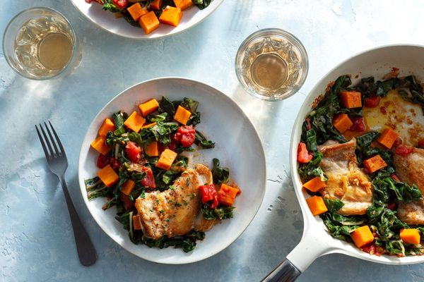 Tomato-braised chicken with sweet potato and chard