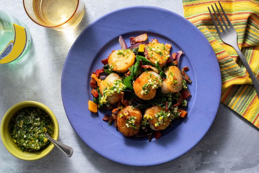 Seared wild sea scallops with rainbow chard, pancetta, and gremolata