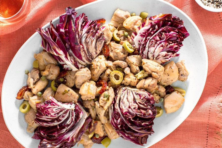 Chicken Marbella with olives, dates, and chicory