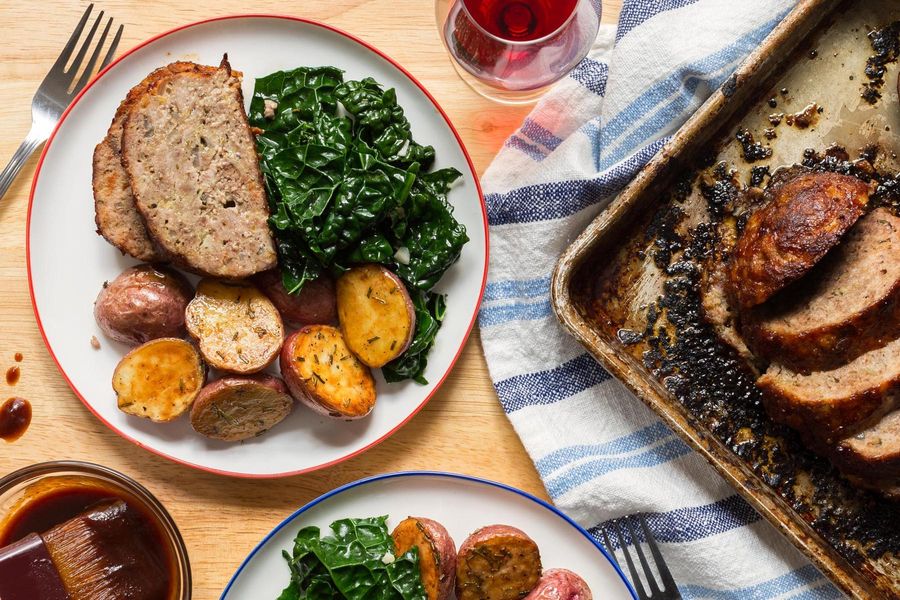 BBQ meatloaf with garlicky greens and rosemary-roasted potatoes