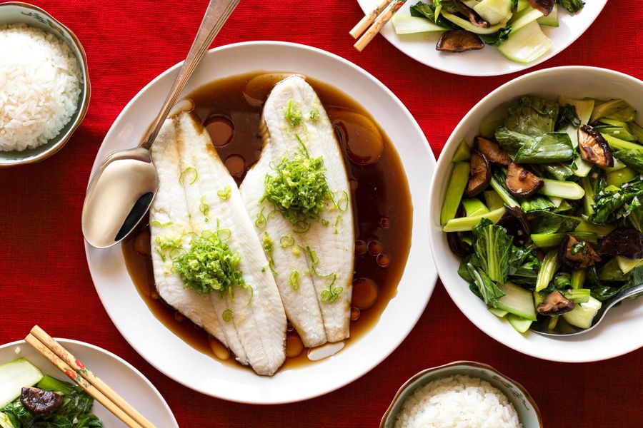 Sizzling ginger-scallion sole with bok choy and jasmine rice
