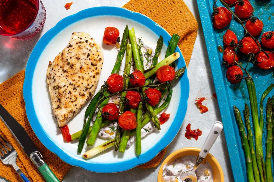 Roasted lemon-pepper chicken and asparagus with yogurt-feta smear