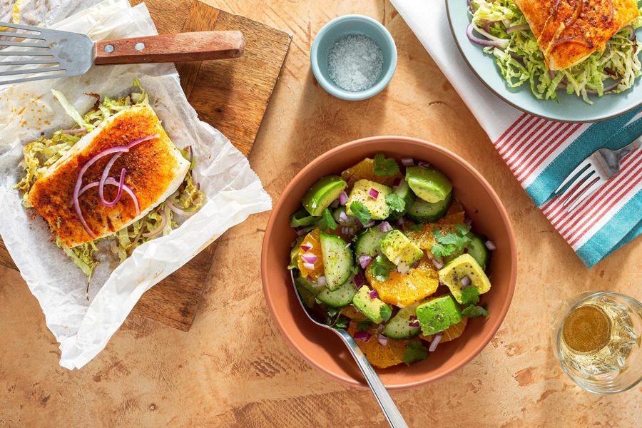 Wild Alaskan halibut en papillote with avocado-citrus salsa