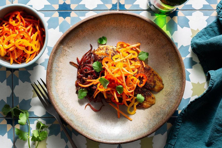 Blackened sole with pickled carrots and sweet mini peppers