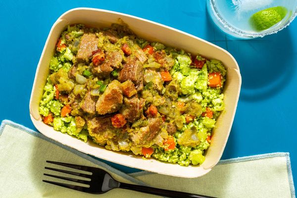 Pork chile verde over cilantro–cauliflower “rice”
