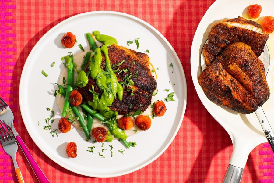 Blackened sole with green beans, cannellini puree, and green goddess