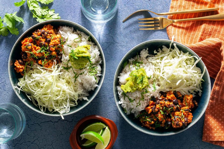 Tempeh burrito bowls with basmati rice, black beans, and guacamole