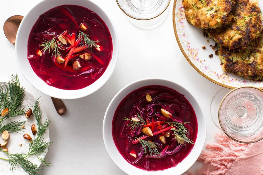 Beet borscht with almonds and zucchini–white bean fritters