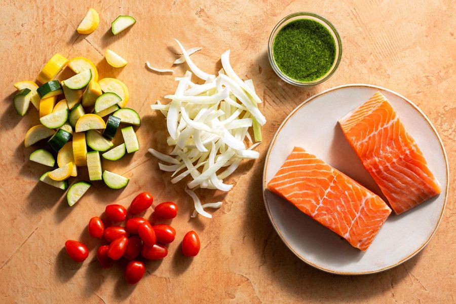 Seared salmon with chimichurri and Provençal vegetables