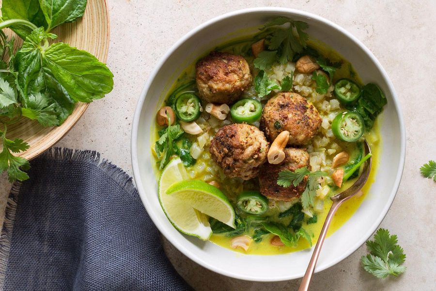 Gingered turkey meatballs in lemongrass broth with cauliflower “rice”