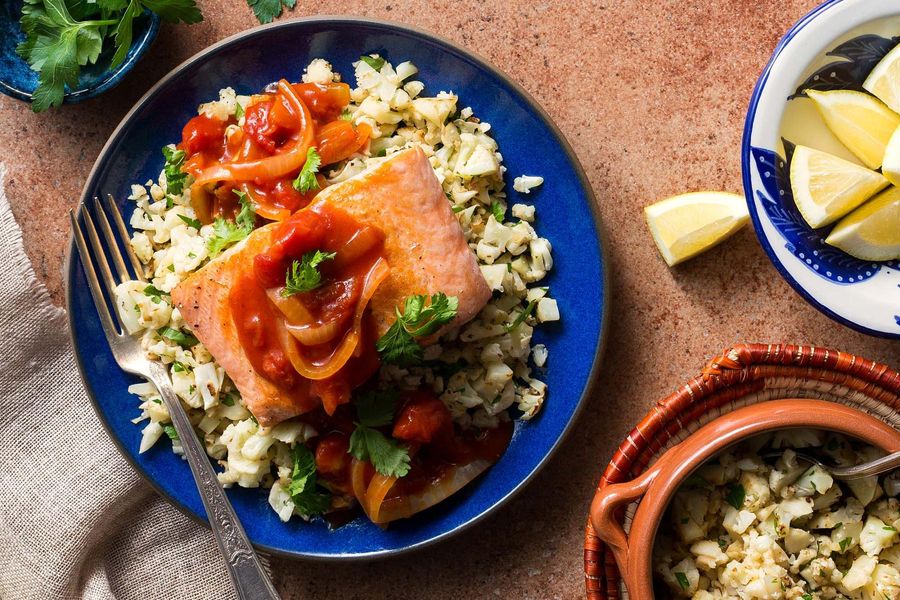 Moroccan salmon in chraime sauce with cauliflower “couscous”