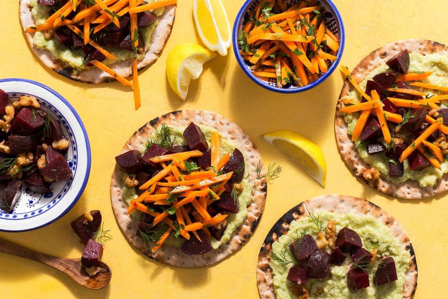 Mediterranean flatbreads with beet salad and skordalia