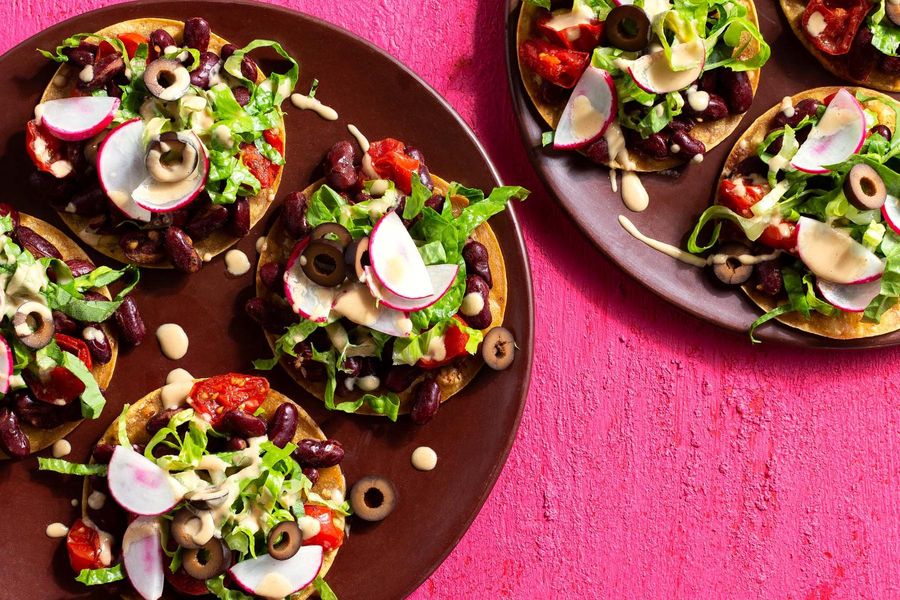 Chili “cheese” tostadas with radishes and tomatoes