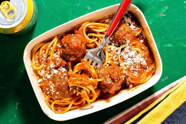 Spaghetti and meatballs in basil marinara