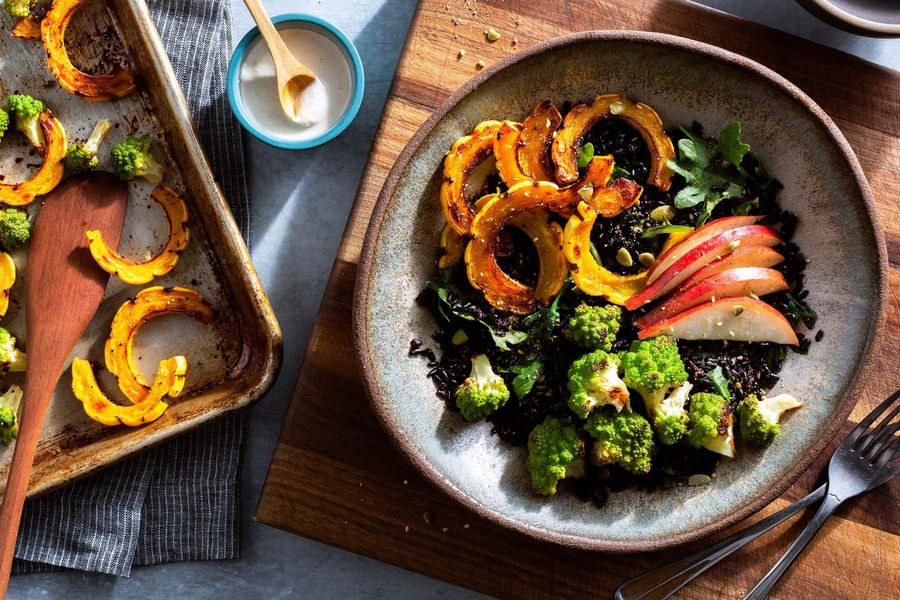 Black rice bowls with winter vegetables, pear, and cashew dressing