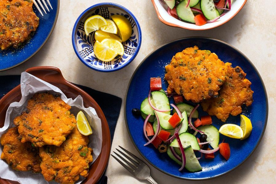 Spanish sole fritters with tomato-cucumber salad