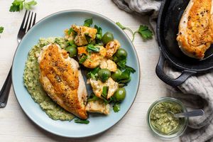 Roast chicken breasts with spiced cauliflower and green romesco