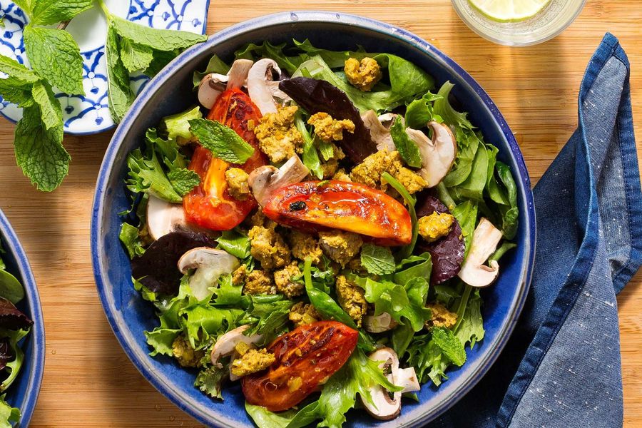 Turkey larb salad with mushrooms, tomatoes, and fresh mint