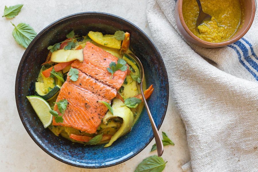 Seared salmon with lemongrass-coconut curry