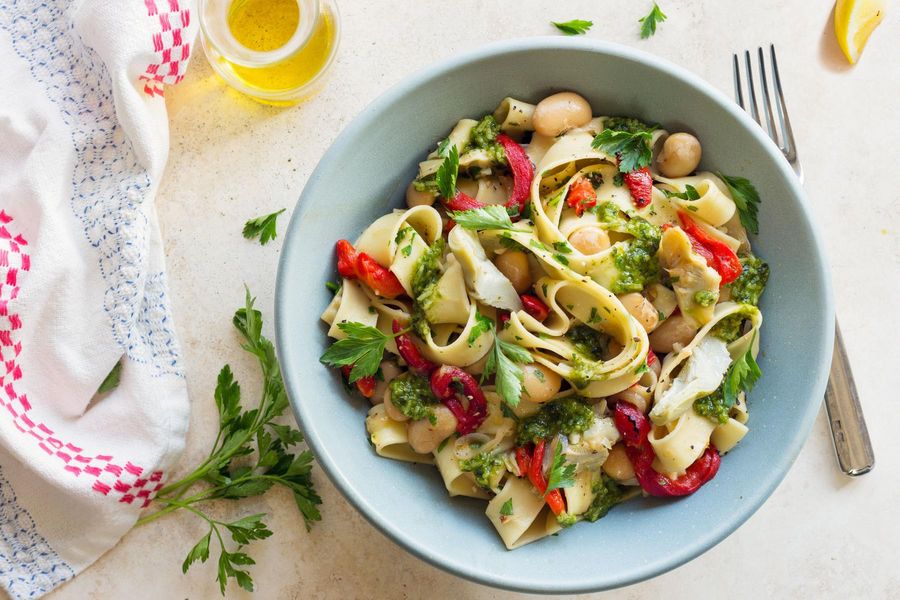Pappardelle with artichokes, white beans, and pistou