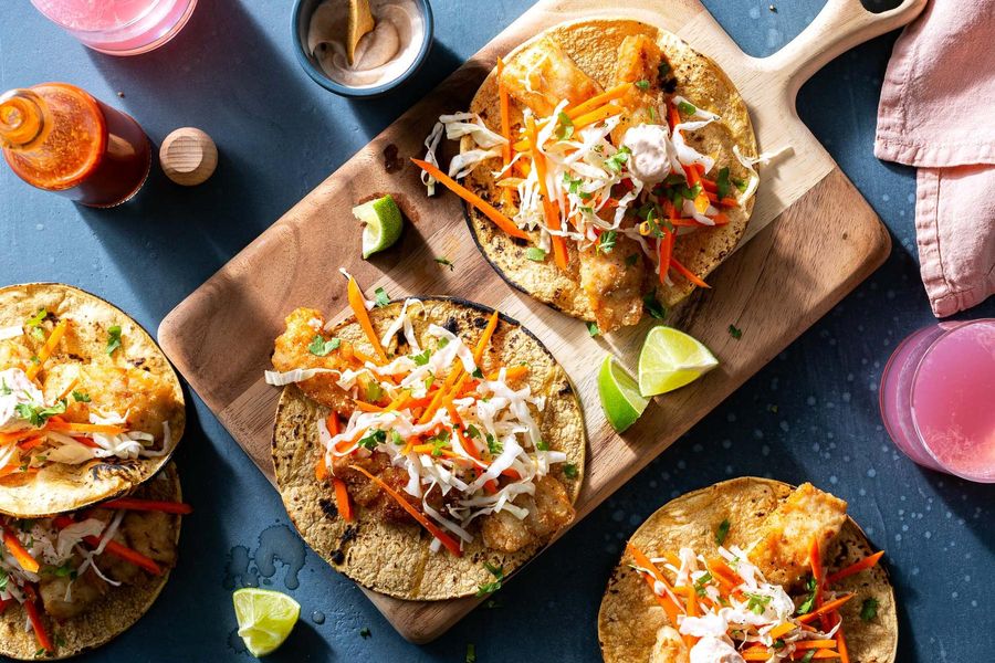 SoCal fish tacos with zesty lime yogurt and carrot-cabbage slaw