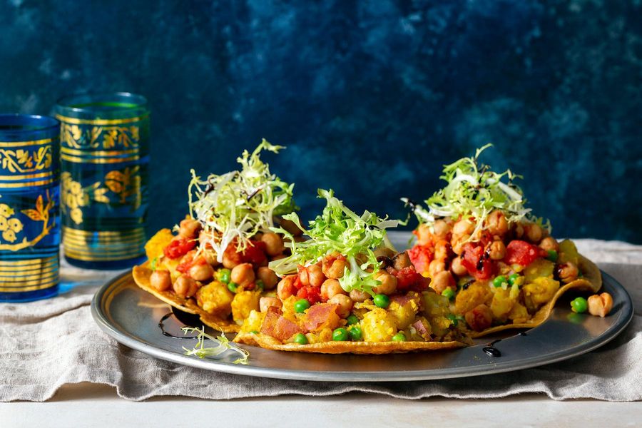 Deconstructed samosas with chickpeas, new potatoes, and peas