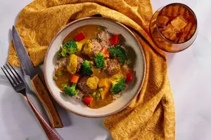 Beef Meatball Panang Curry with sweet peas and bell pepper
