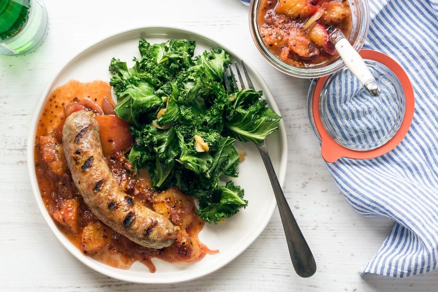 Italian sausages with stone fruit mostarda and sautéed greens