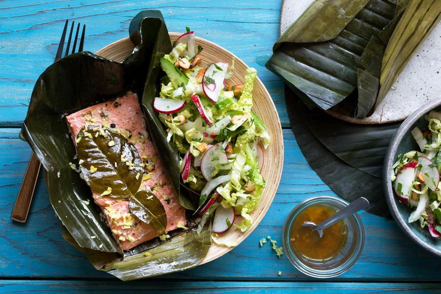Banana-leaf wrapped salmon with cabbage slaw