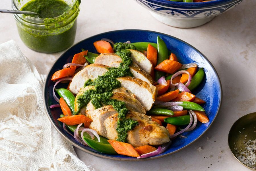 Moroccan chicken with carrots, snap peas, and spicy green harissa