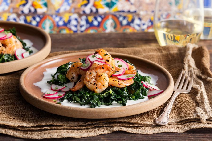 Spiced shrimp with chard and ajo blanco sauce