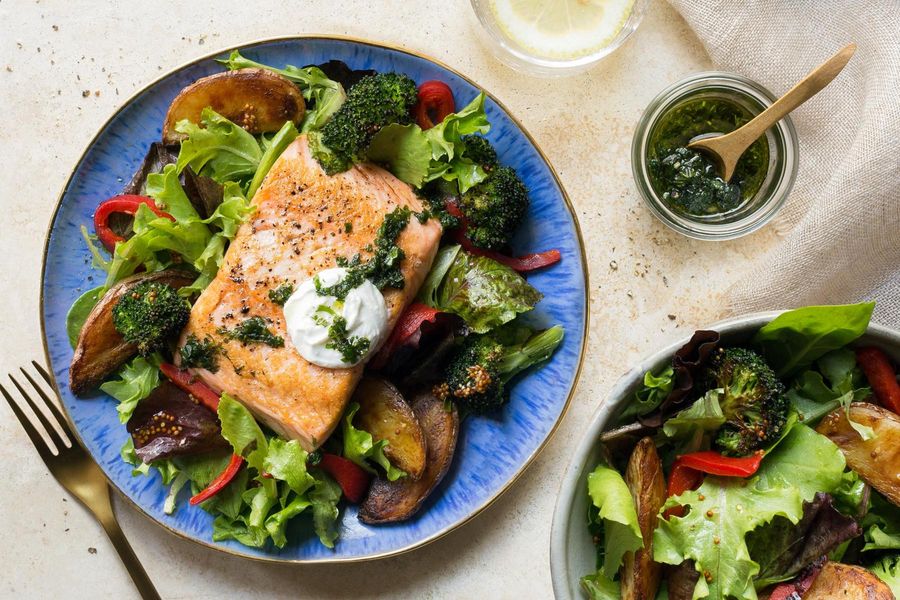 Salmon with roasted new potatoes and charred broccoli