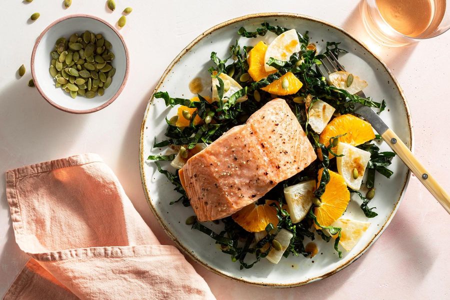 Roasted salmon with turnip, kale, and orange salad