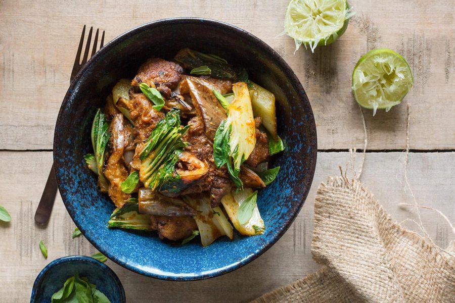 Jungle curry with pork, bok choy, and eggplant