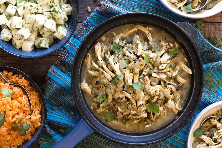 Chicken chile verde with rice and jicama relish