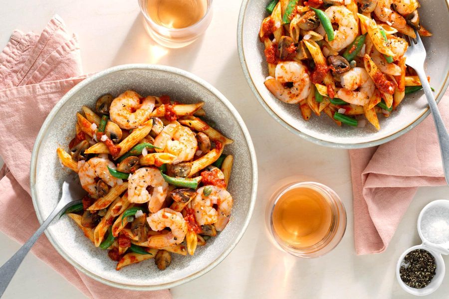 Spicy shrimp penne arrabbiata with mushrooms and green beans