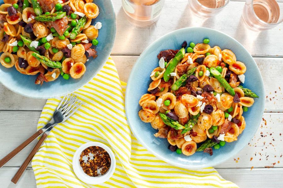 Orecchiette with asparagus, crisp prosciutto, and feta