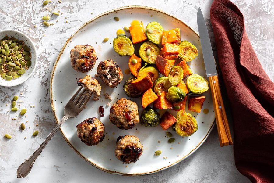 Turkey-cranberry meatballs with roasted Brussels sprouts and sweet potato